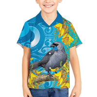 New Zealand Kokako Bird Family Matching Mermaid Dress and Hawaiian Shirt Maori Koru With Kowhai Flowers LT05 Son's Shirt Aqua - Polynesian Pride