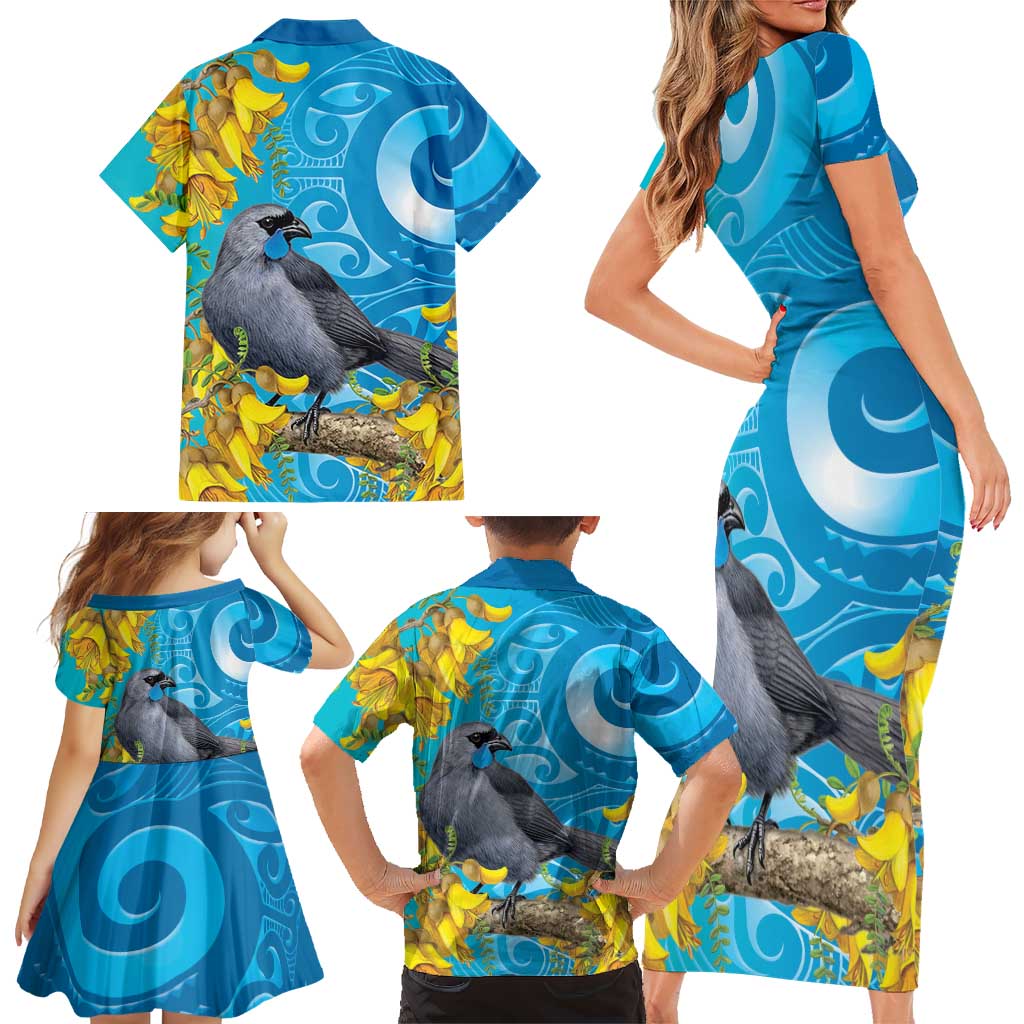 New Zealand Kokako Bird Family Matching Short Sleeve Bodycon Dress and Hawaiian Shirt Maori Koru With Kowhai Flowers