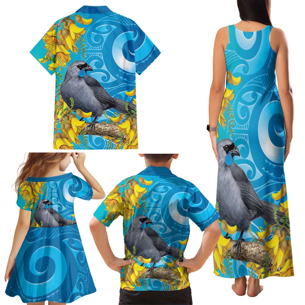 New Zealand Kokako Bird Family Matching Tank Maxi Dress and Hawaiian Shirt Maori Koru With Kowhai Flowers