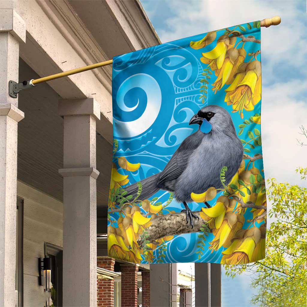 New Zealand Kokako Bird Garden Flag Maori Koru With Kowhai Flowers LT05 House Flag Aqua - Polynesian Pride
