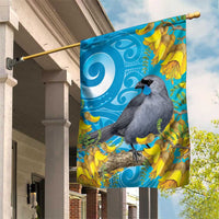 New Zealand Kokako Bird Garden Flag Maori Koru With Kowhai Flowers LT05 House Flag Aqua - Polynesian Pride