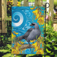 New Zealand Kokako Bird Garden Flag Maori Koru With Kowhai Flowers LT05 Garden Flag Aqua - Polynesian Pride