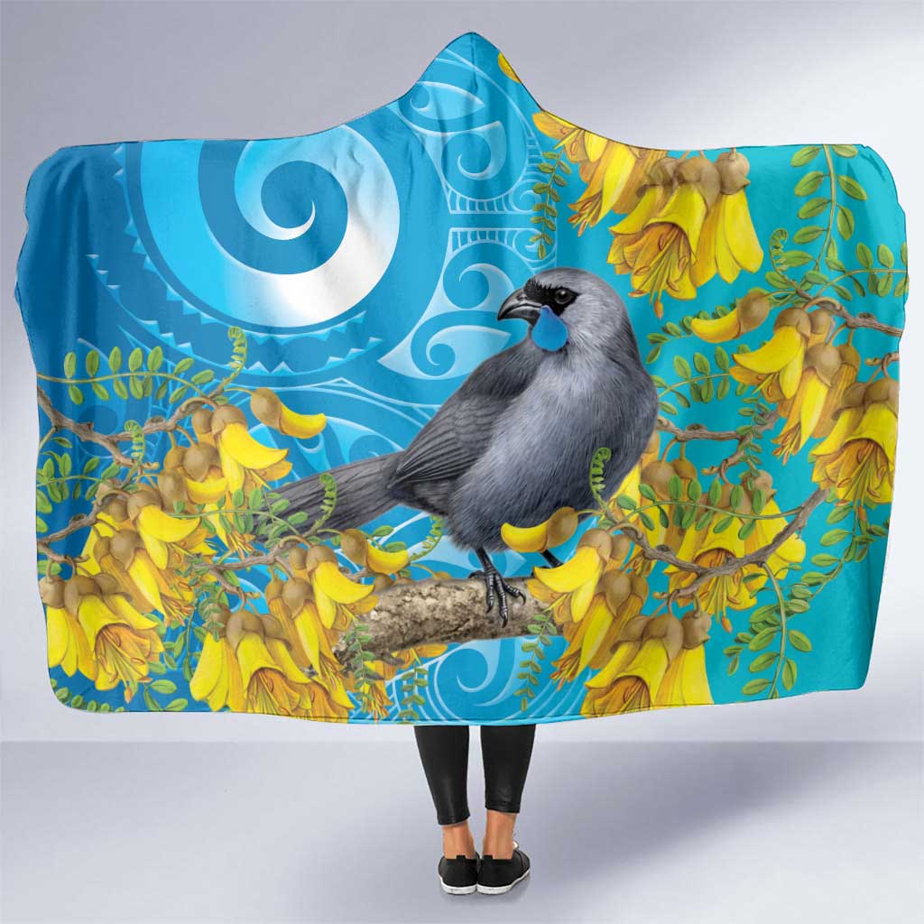 New Zealand Kokako Bird Hooded Blanket Maori Koru With Kowhai Flowers LT05 One Size Aqua - Polynesian Pride