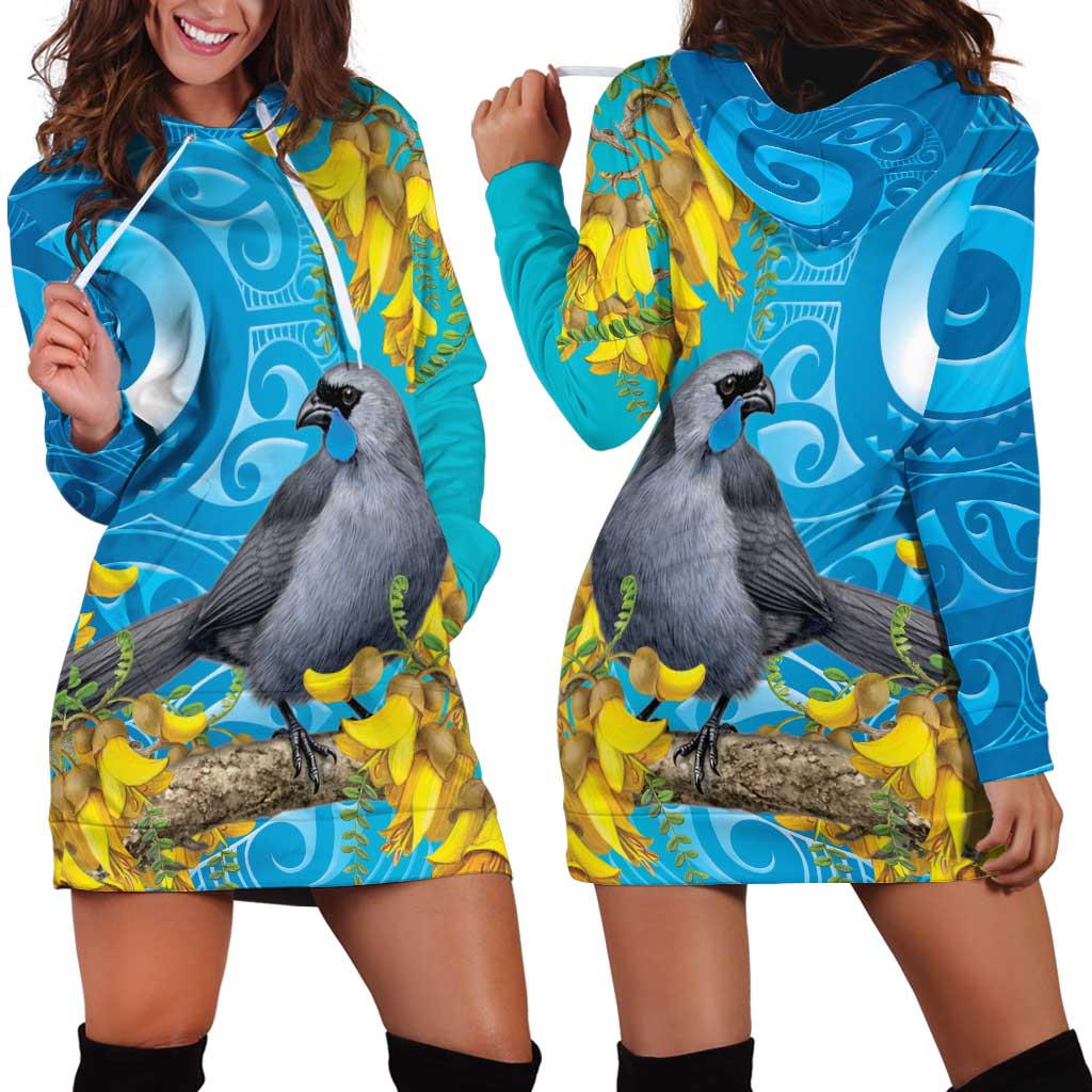 New Zealand Kokako Bird Hoodie Dress Maori Koru With Kowhai Flowers - Polynesian Pride