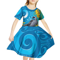 New Zealand Kokako Bird Kid Short Sleeve Dress Maori Koru With Kowhai Flowers - Polynesian Pride