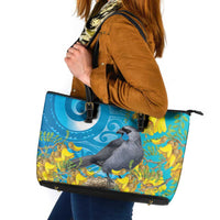 New Zealand Kokako Bird Leather Tote Bag Maori Koru With Kowhai Flowers LT05 Aqua - Polynesian Pride