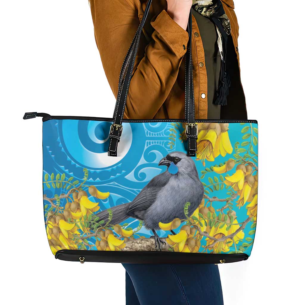New Zealand Kokako Bird Leather Tote Bag Maori Koru With Kowhai Flowers LT05 - Polynesian Pride