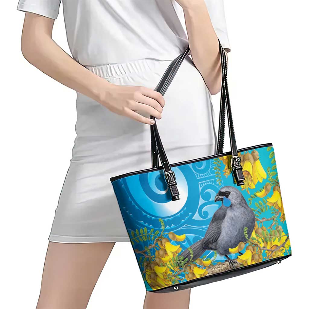 New Zealand Kokako Bird Leather Tote Bag Maori Koru With Kowhai Flowers LT05 - Polynesian Pride
