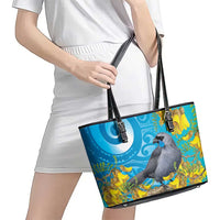 New Zealand Kokako Bird Leather Tote Bag Maori Koru With Kowhai Flowers LT05 - Polynesian Pride