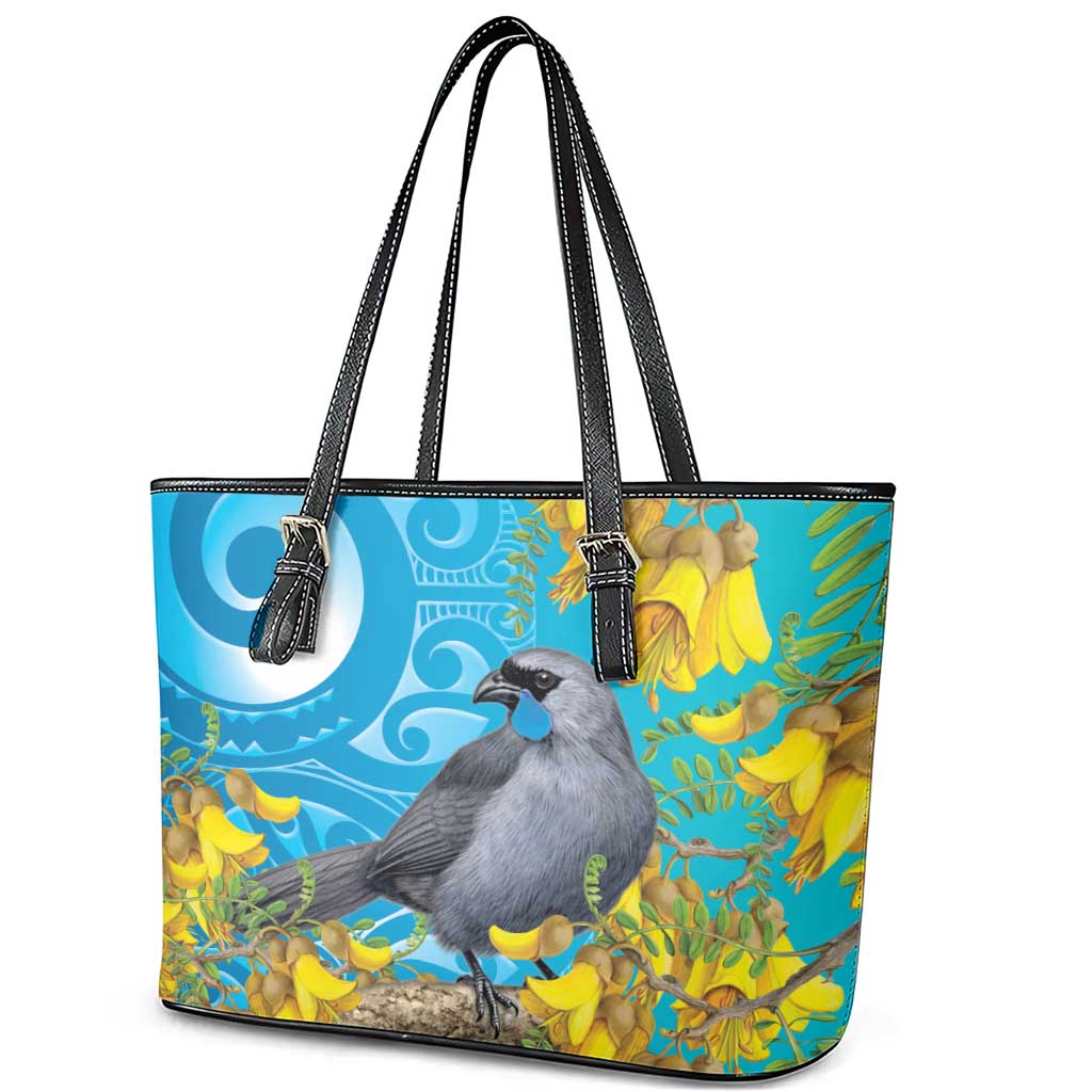 New Zealand Kokako Bird Leather Tote Bag Maori Koru With Kowhai Flowers LT05 - Polynesian Pride