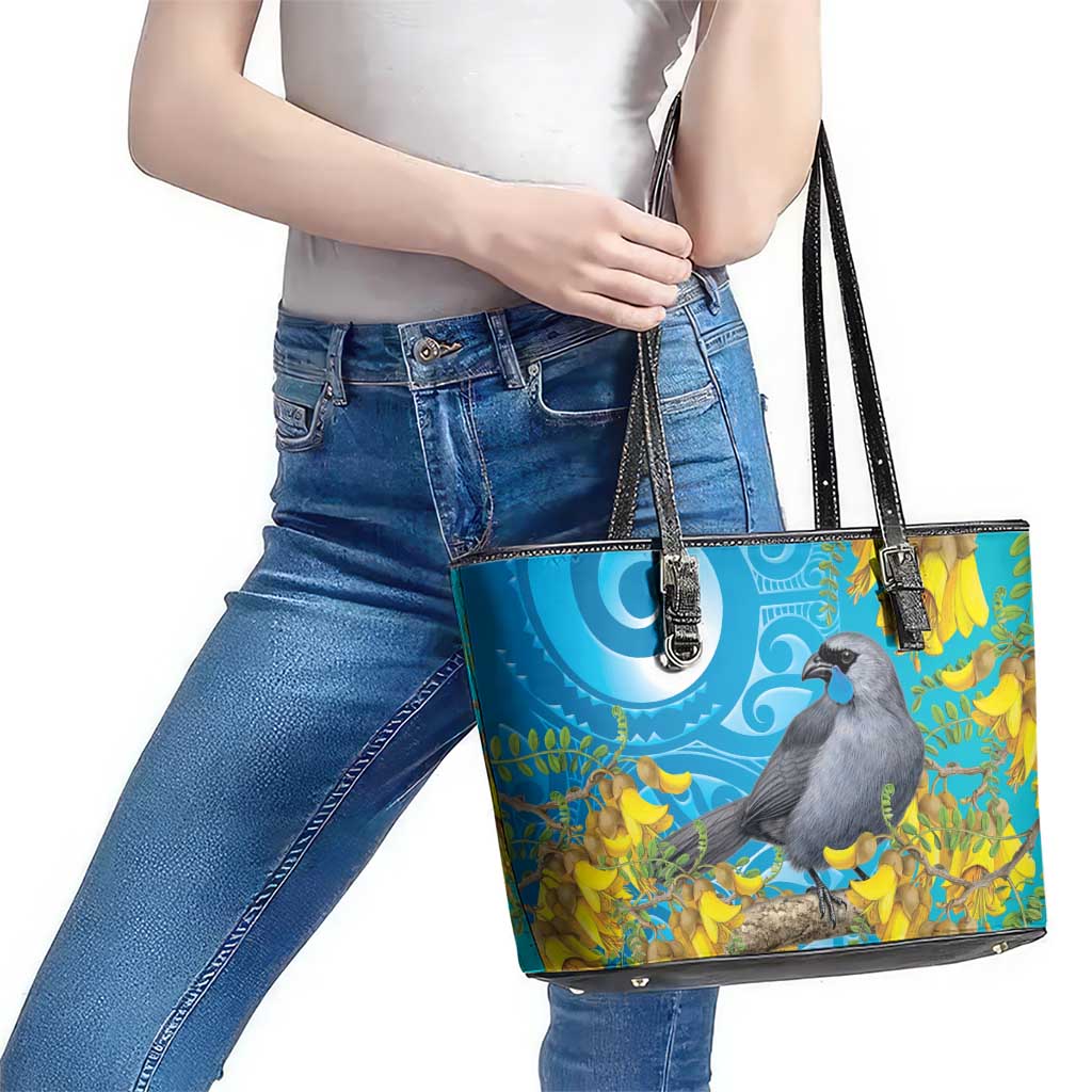 New Zealand Kokako Bird Leather Tote Bag Maori Koru With Kowhai Flowers LT05 - Polynesian Pride