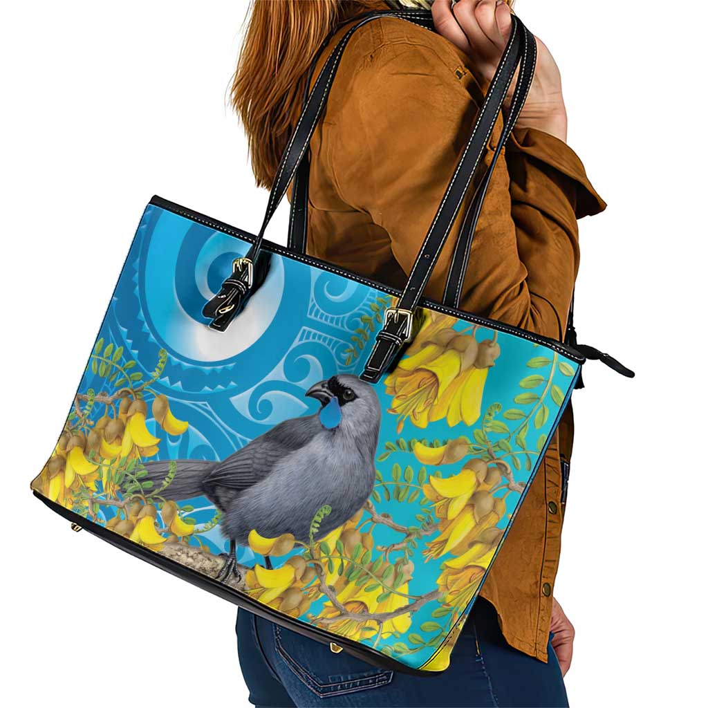 New Zealand Kokako Bird Leather Tote Bag Maori Koru With Kowhai Flowers LT05 - Polynesian Pride