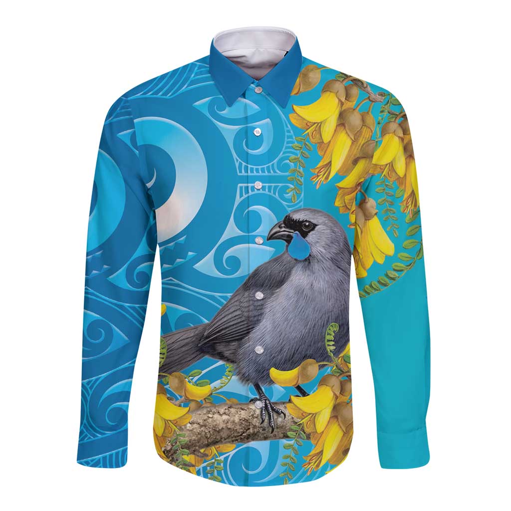 New Zealand Kokako Bird Long Sleeve Button Shirt Maori Koru With Kowhai Flowers - Polynesian Pride