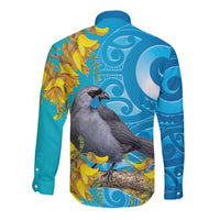 New Zealand Kokako Bird Long Sleeve Button Shirt Maori Koru With Kowhai Flowers - Polynesian Pride