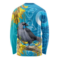 New Zealand Kokako Bird Long Sleeve Shirt Maori Koru With Kowhai Flowers - Polynesian Pride