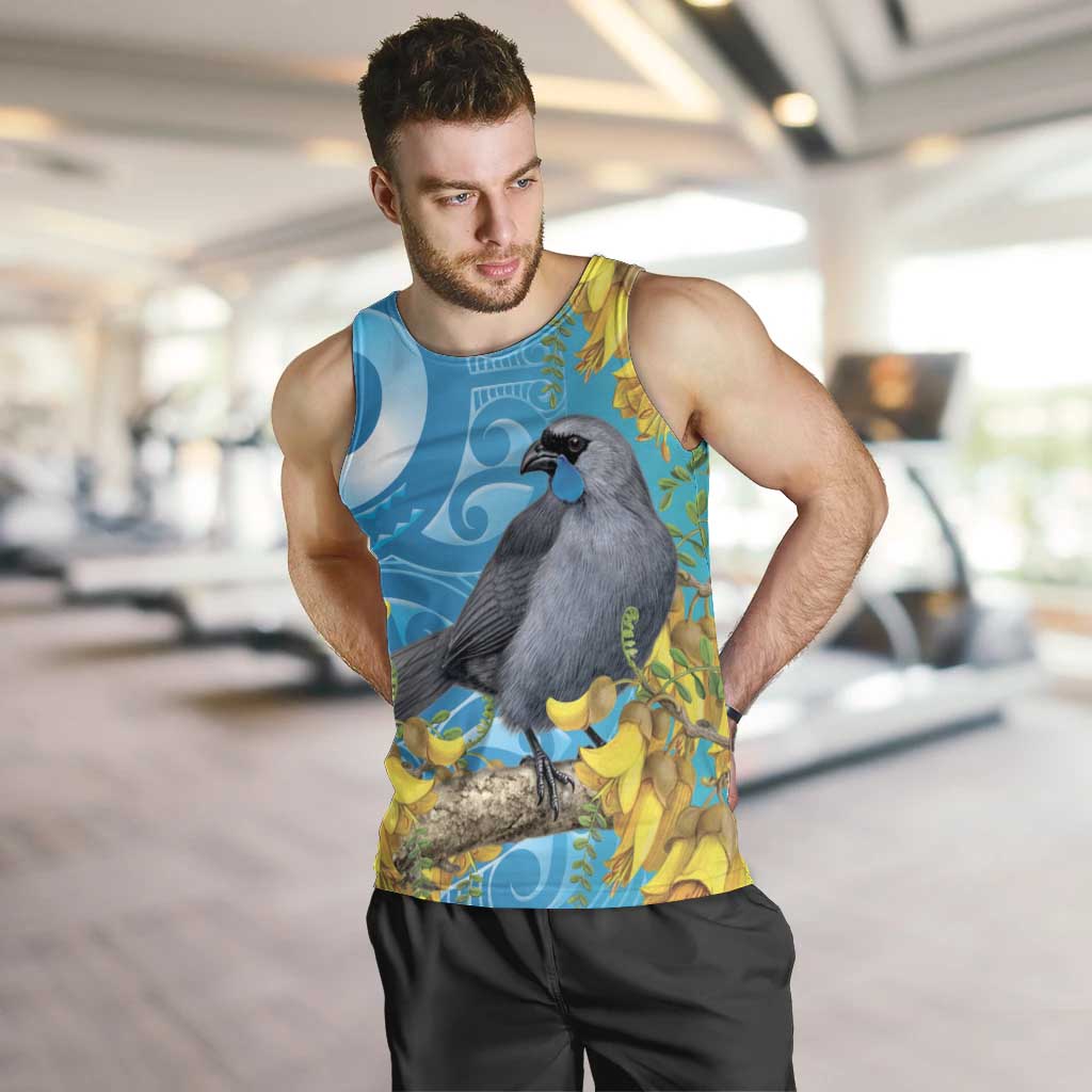 New Zealand Kokako Bird Men Tank Top Maori Koru With Kowhai Flowers LT05 Aqua - Polynesian Pride