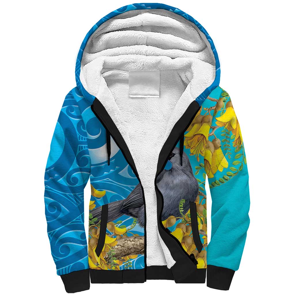 New Zealand Kokako Bird Sherpa Hoodie Maori Koru With Kowhai Flowers - Polynesian Pride