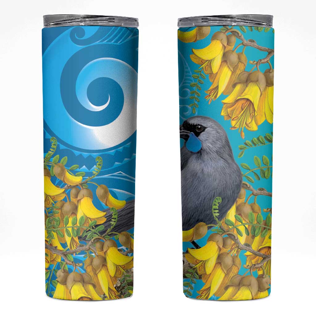 New Zealand Kokako Bird Skinny Tumbler Maori Koru With Kowhai Flowers - Polynesian Pride