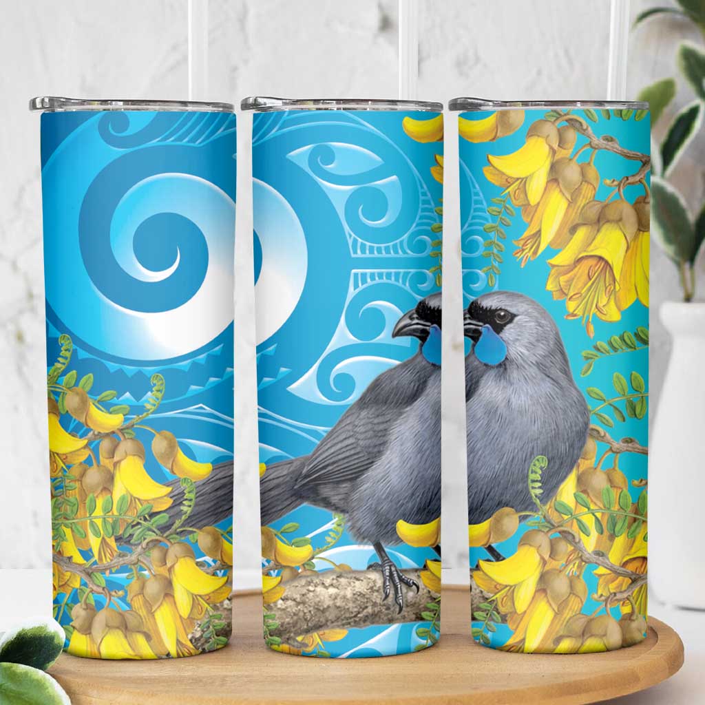 New Zealand Kokako Bird Skinny Tumbler Maori Koru With Kowhai Flowers - Polynesian Pride