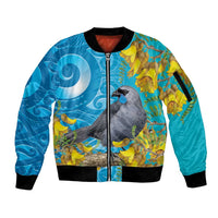 New Zealand Kokako Bird Sleeve Zip Bomber Jacket Maori Koru With Kowhai Flowers - Polynesian Pride