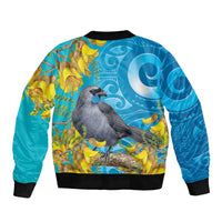 New Zealand Kokako Bird Sleeve Zip Bomber Jacket Maori Koru With Kowhai Flowers - Polynesian Pride