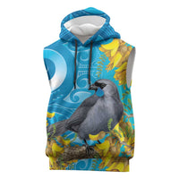 New Zealand Kokako Bird Sleeveless Hoodie Maori Koru With Kowhai Flowers - Polynesian Pride