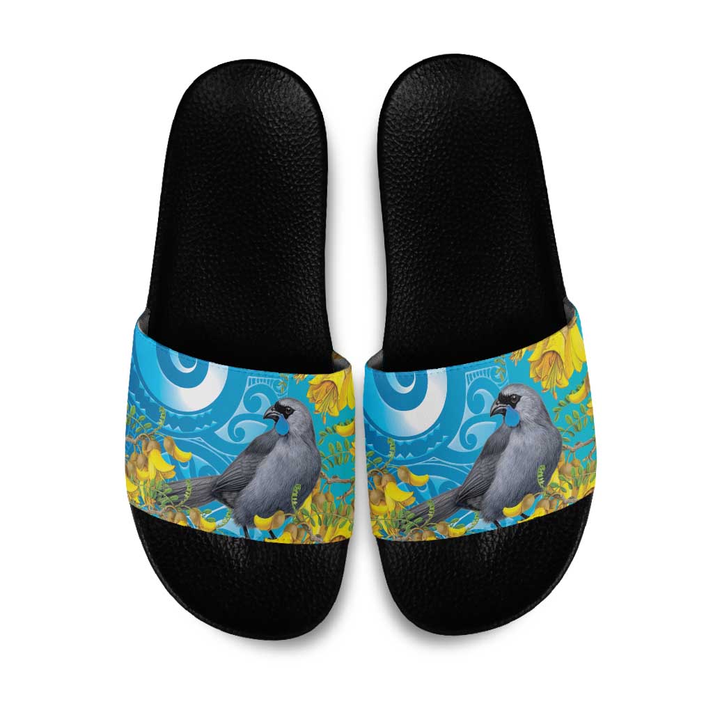 New Zealand Kokako Bird Slide Sandals Maori Koru With Kowhai Flowers - Polynesian Pride
