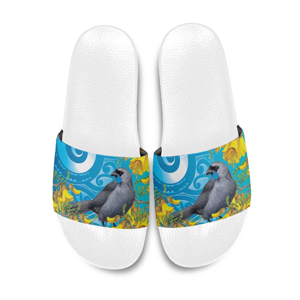 New Zealand Kokako Bird Slide Sandals Maori Koru With Kowhai Flowers - Polynesian Pride