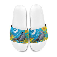 New Zealand Kokako Bird Slide Sandals Maori Koru With Kowhai Flowers - Polynesian Pride
