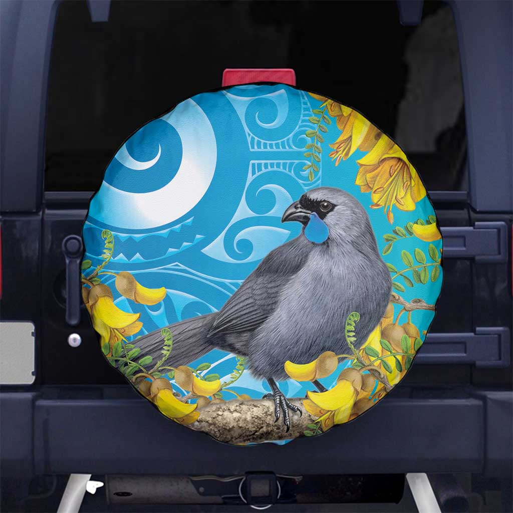 New Zealand Kokako Bird Spare Tire Cover Maori Koru With Kowhai Flowers - Polynesian Pride