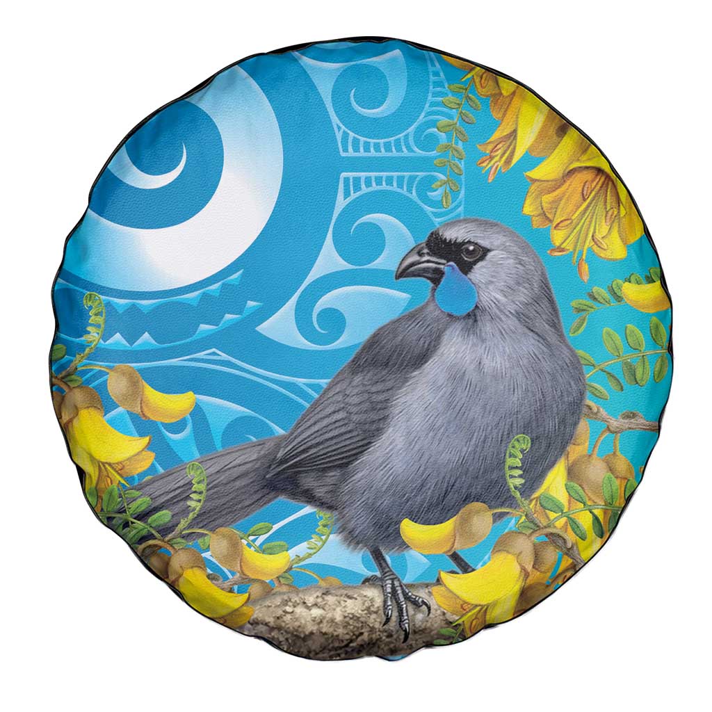 New Zealand Kokako Bird Spare Tire Cover Maori Koru With Kowhai Flowers - Polynesian Pride