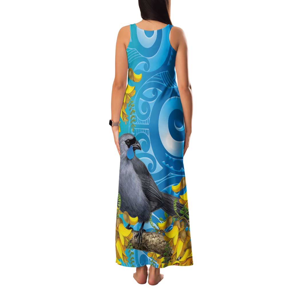 New Zealand Kokako Bird Tank Maxi Dress Maori Koru With Kowhai Flowers - Polynesian Pride