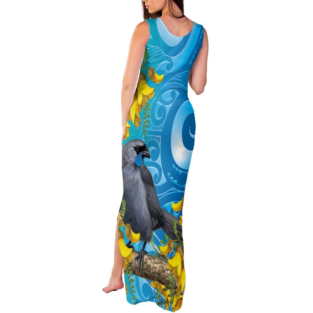 New Zealand Kokako Bird Tank Maxi Dress Maori Koru With Kowhai Flowers - Polynesian Pride