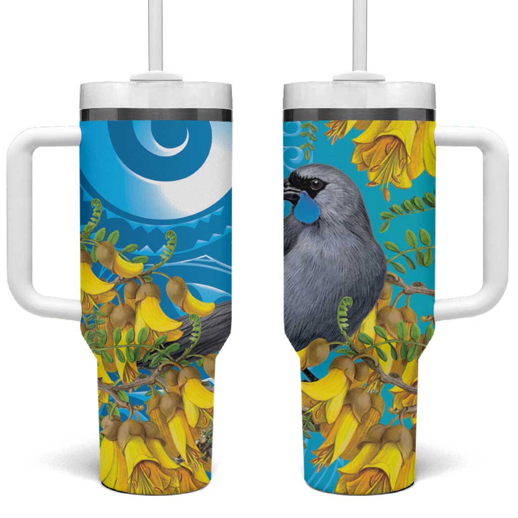 New Zealand Kokako Bird Tumbler With Handle Maori Koru With Kowhai Flowers LT05 One Size: 40 oz Aqua - Polynesian Pride