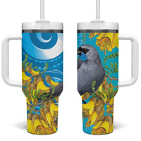 New Zealand Kokako Bird Tumbler With Handle Maori Koru With Kowhai Flowers LT05 One Size: 40 oz Aqua - Polynesian Pride