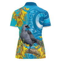 New Zealand Kokako Bird Women Polo Shirt Maori Koru With Kowhai Flowers - Polynesian Pride