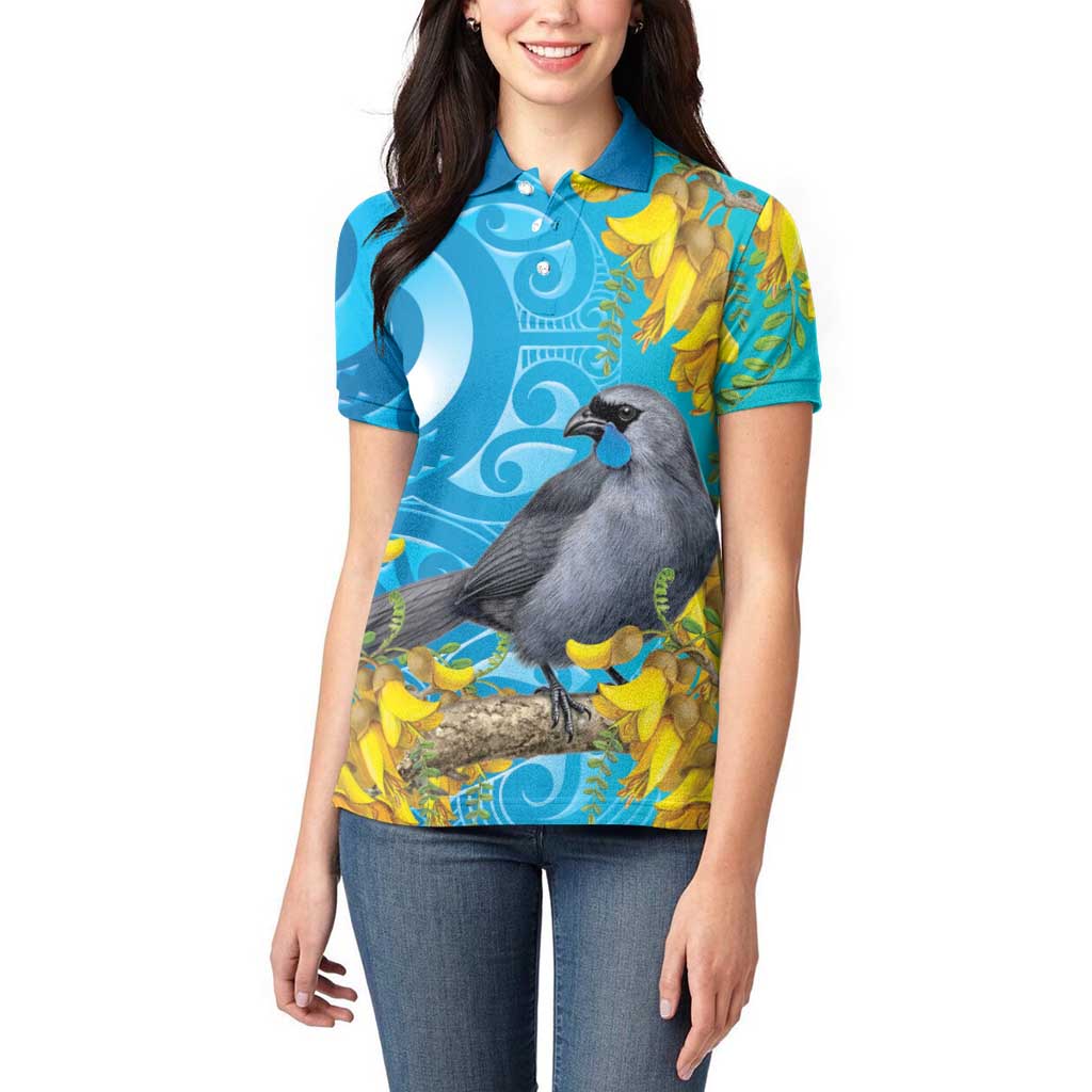 New Zealand Kokako Bird Women Polo Shirt Maori Koru With Kowhai Flowers - Polynesian Pride
