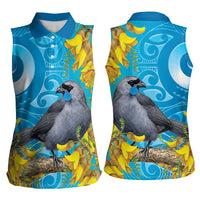 New Zealand Kokako Bird Women Sleeveless Polo Shirt Maori Koru With Kowhai Flowers - Polynesian Pride