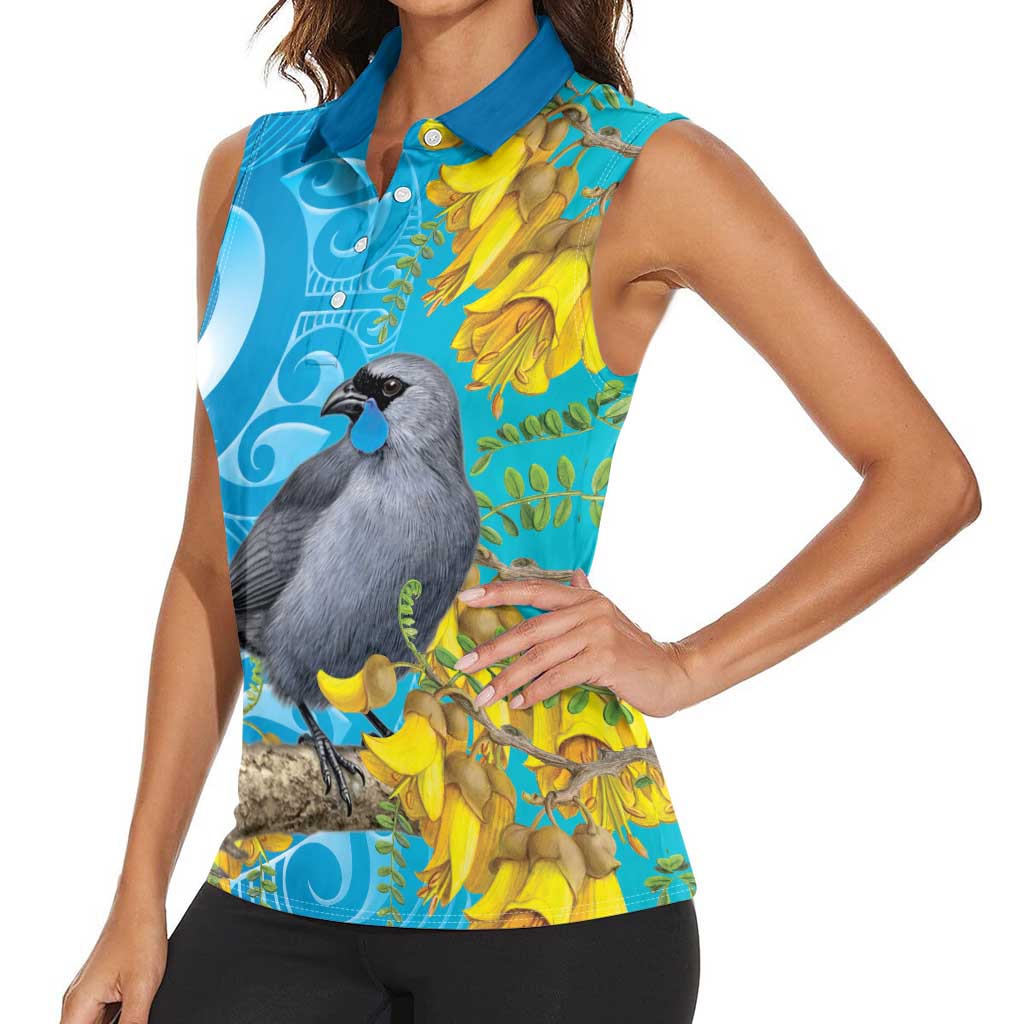 New Zealand Kokako Bird Women Sleeveless Polo Shirt Maori Koru With Kowhai Flowers - Polynesian Pride