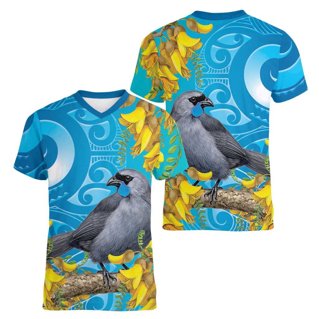 New Zealand Kokako Bird Women V-Neck T-Shirt Maori Koru With Kowhai Flowers - Polynesian Pride