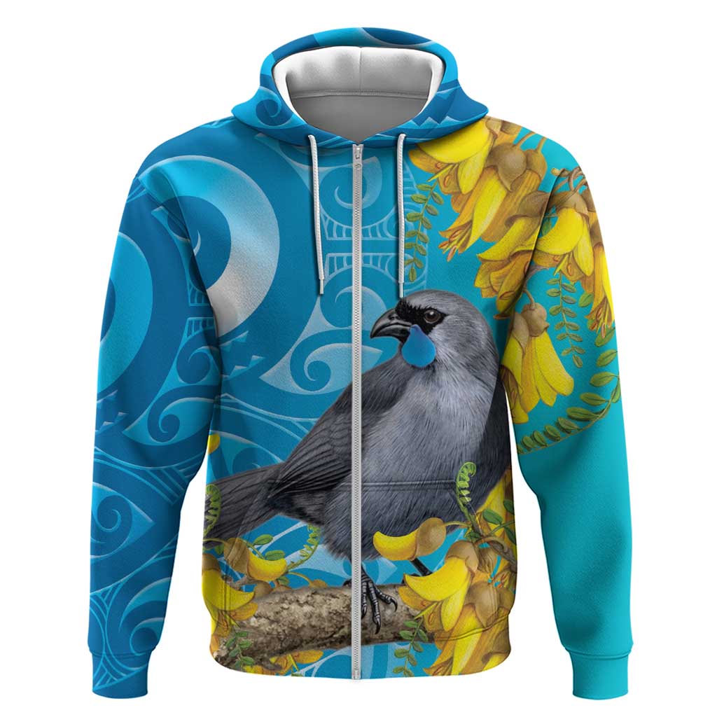 New Zealand Kokako Bird Zip Hoodie Maori Koru With Kowhai Flowers - Polynesian Pride