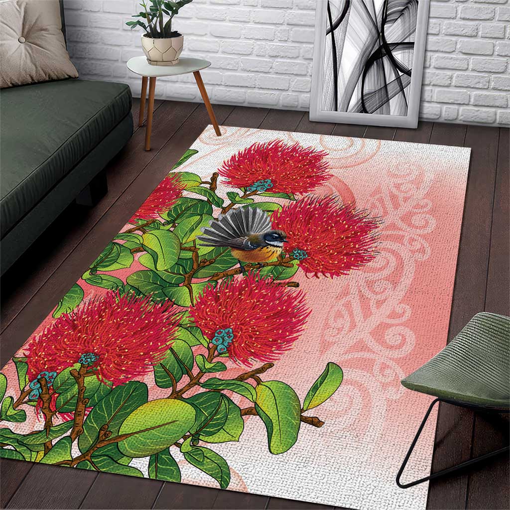 New Zealand Fantail Area Rug Maori Koru With Pohutukawa Flowers LT05 Red - Polynesian Pride