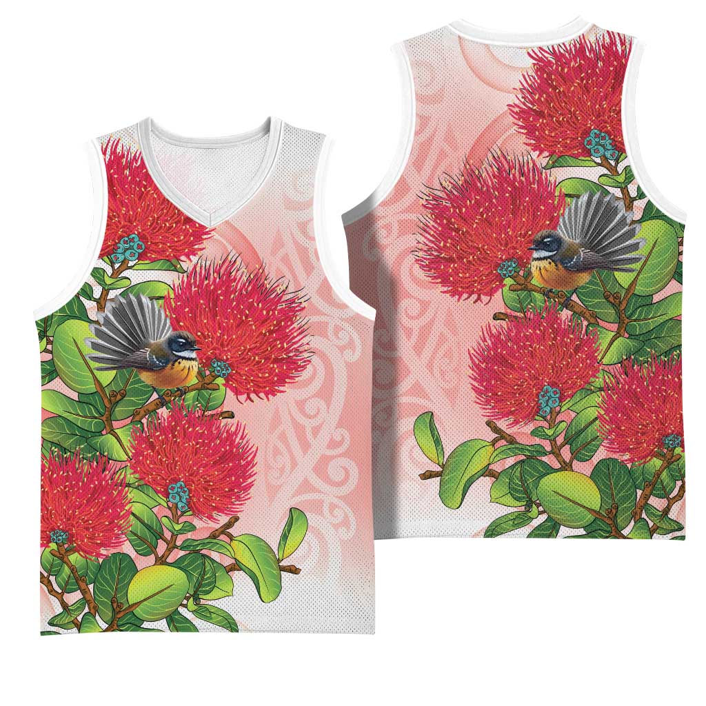 New Zealand Fantail Basketball Jersey Maori Koru With Pohutukawa Flowers - Polynesian Pride