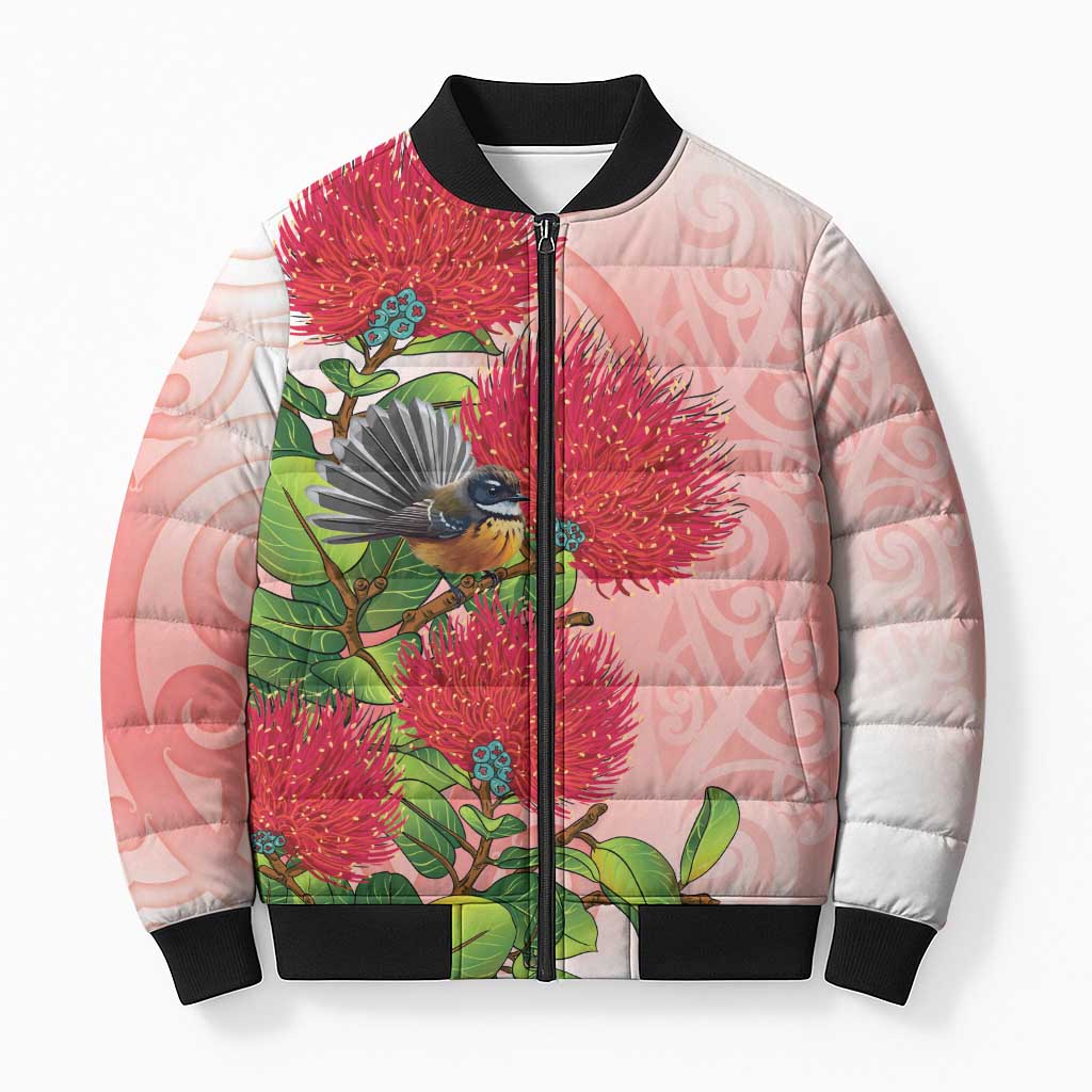 New Zealand Fantail Bomber Puffer Jacket Maori Koru With Pohutukawa Flowers - Polynesian Pride