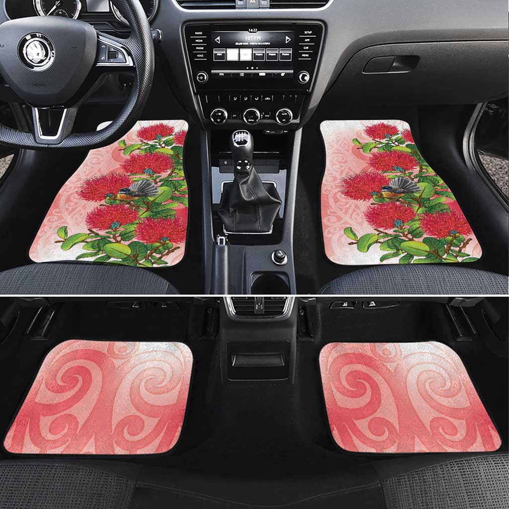 New Zealand Fantail Car Mats Maori Koru With Pohutukawa Flowers LT05 Set 4pcs Red - Polynesian Pride