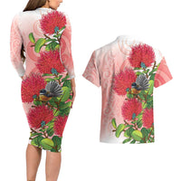 New Zealand Fantail Couples Matching Long Sleeve Bodycon Dress and Hawaiian Shirt Maori Koru With Pohutukawa Flowers - Polynesian Pride
