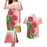New Zealand Fantail Couples Matching Mermaid Dress and Hawaiian Shirt Maori Koru With Pohutukawa Flowers - Polynesian Pride