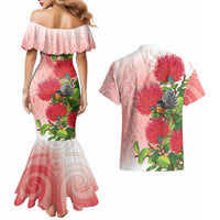 New Zealand Fantail Couples Matching Mermaid Dress and Hawaiian Shirt Maori Koru With Pohutukawa Flowers - Polynesian Pride