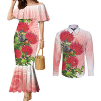 New Zealand Fantail Couples Matching Mermaid Dress and Long Sleeve Button Shirt Maori Koru With Pohutukawa Flowers LT05 Red - Polynesian Pride