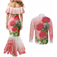 New Zealand Fantail Couples Matching Mermaid Dress and Long Sleeve Button Shirt Maori Koru With Pohutukawa Flowers LT05 - Polynesian Pride